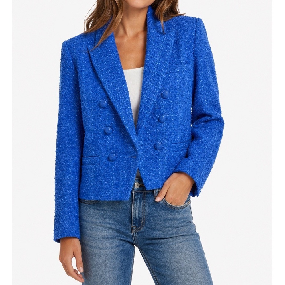 L’AGENCE Blue Tweed Double Breasted Blazer Jacket Size 6 Boucle Textured